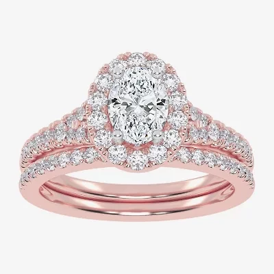 (G-H / Vs2-Si1) Womens 1 CT. T.W. Lab Grown White Diamond 10K Rose Gold Oval Side Stone Halo Bridal Set