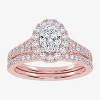 (G-H / Vs2-Si1) Womens 1 CT. T.W. Lab Grown White Diamond 10K Rose Gold Oval Side Stone Halo Bridal Set