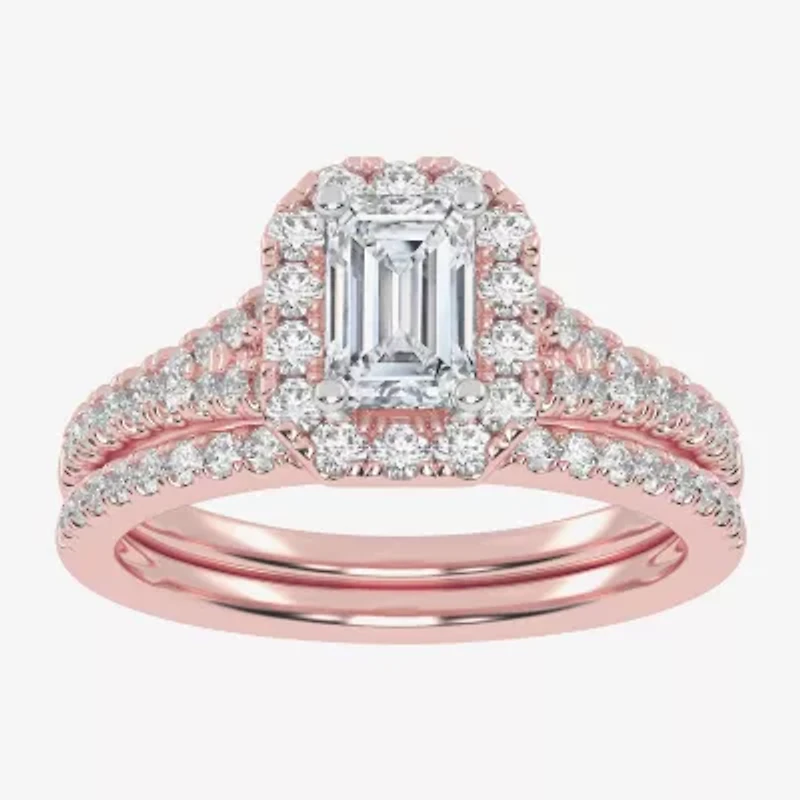 (G-H / Vs2-Si1) Womens 1 CT. T.W. Lab Grown White Diamond 10K Rose Gold Side Stone Halo Bridal Set