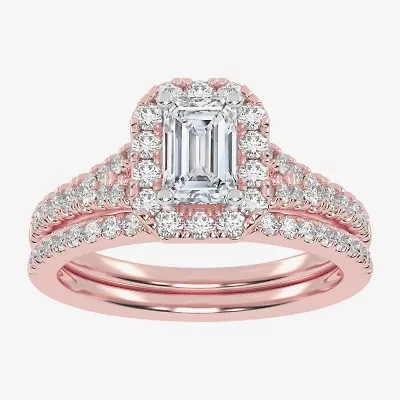 (G-H / Vs2-Si1) Womens 1 CT. T.W. Lab Grown White Diamond 10K Rose Gold Side Stone Halo Bridal Set