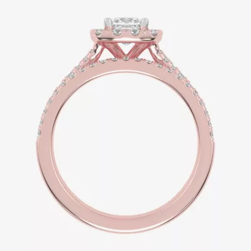 (G-H / Vs2-Si1) Womens 1 CT. T.W. Lab Grown White Diamond 10K Rose Gold Cushion Side Stone Halo Bridal Set