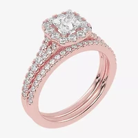 (G-H / Vs2-Si1) Womens 1 CT. T.W. Lab Grown White Diamond 10K Rose Gold Cushion Side Stone Halo Bridal Set