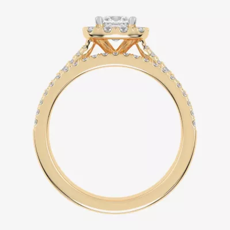 (G-H / Vs2-Si1) Womens 1 CT. T.W. Lab Grown White Diamond 10K Gold Cushion Side Stone Halo Bridal Set