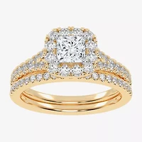 (G-H / Vs2-Si1) Womens 1 CT. T.W. Lab Grown White Diamond 10K Gold Cushion Side Stone Halo Bridal Set