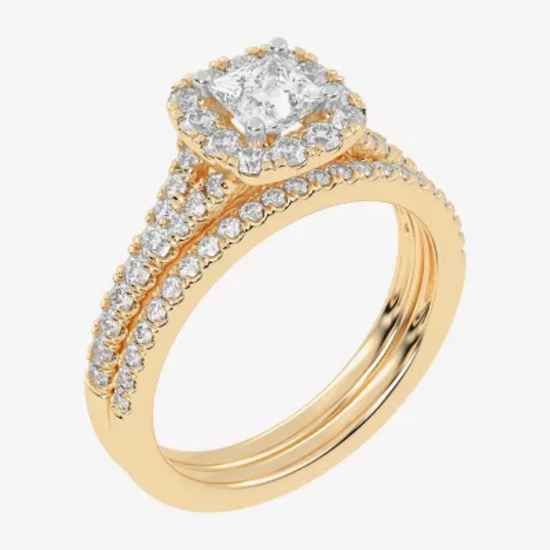 (G-H / Vs2-Si1) Womens 1 CT. T.W. Lab Grown White Diamond 10K Gold Cushion Side Stone Halo Bridal Set