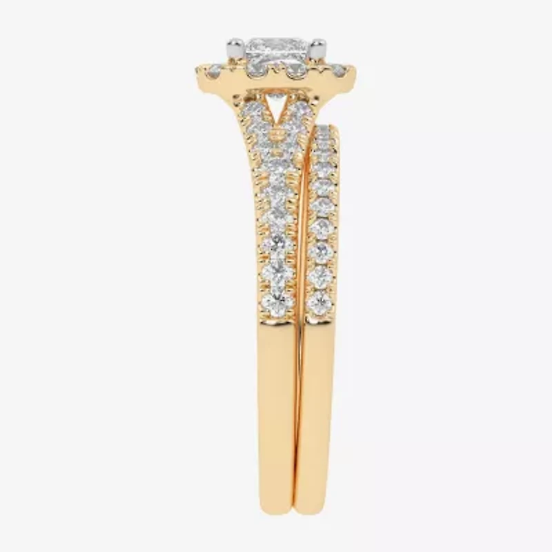 (G-H / Vs2-Si1) Womens 1 CT. T.W. Lab Grown White Diamond 10K Gold Cushion Side Stone Halo Bridal Set