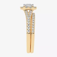 (G-H / Vs2-Si1) Womens 1 CT. T.W. Lab Grown White Diamond 10K Gold Cushion Side Stone Halo Bridal Set