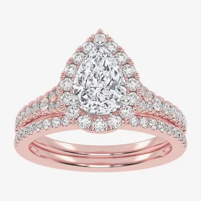 G-H / Vs2-Si1) Womens / CT. T.W. Lab Grown White Diamond 14K Rose Gold Pear Side Stone Halo Bridal Set