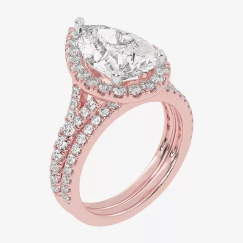 G-H / Vs2-Si1) Womens / CT. T.W. Lab Grown White Diamond 14K Rose Gold Pear Side Stone Halo Bridal Set