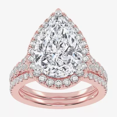 (G-H / Vs2-Si1) Womens 4 3/4 CT. T.W. Lab Grown White Diamond 14K Gold Pear Side Stone Halo Bridal Set