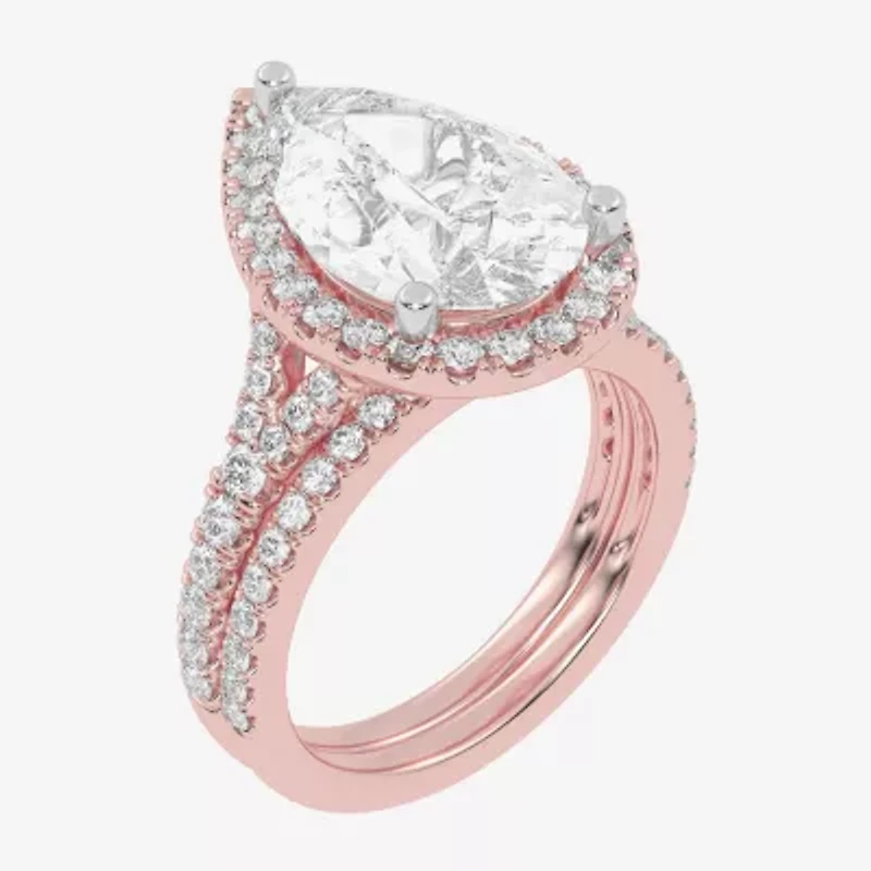 (G-H / Vs2-Si1) Womens 4 3/4 CT. T.W. Lab Grown White Diamond 14K Gold Pear Side Stone Halo Bridal Set