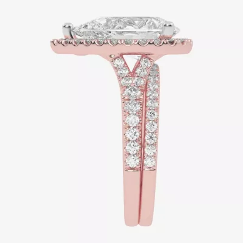 (G-H / Vs2-Si1) Womens 4 3/4 CT. T.W. Lab Grown White Diamond 14K Gold Pear Side Stone Halo Bridal Set