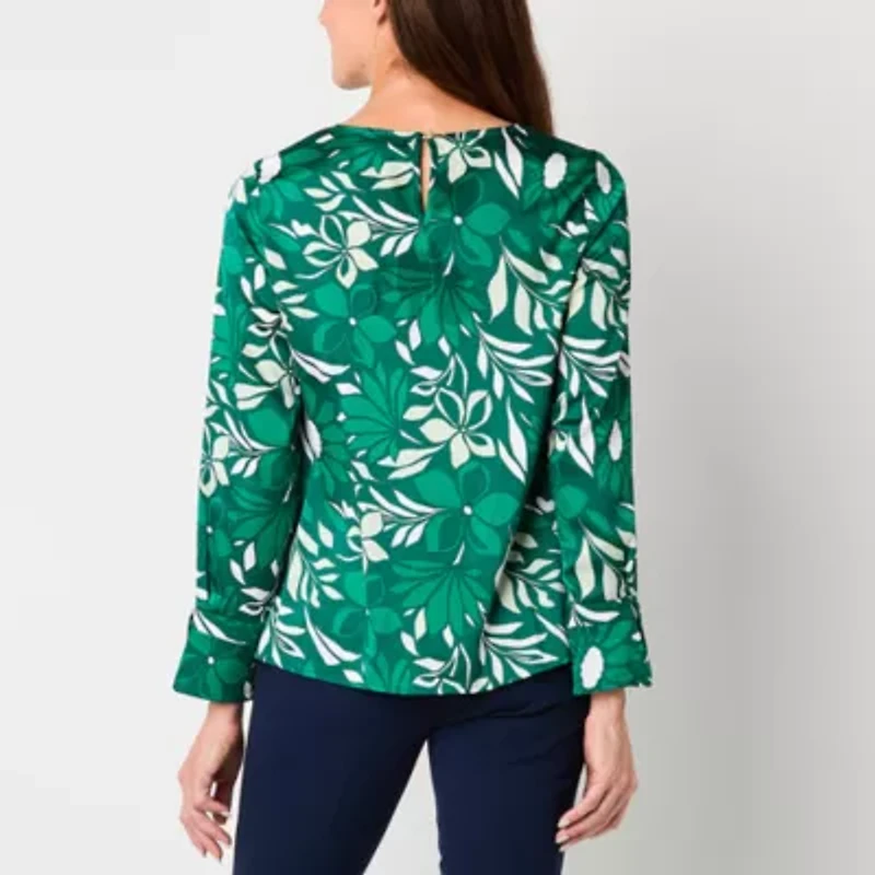 Liz Claiborne Womens Round Neck Long Sleeve Satin Blouse