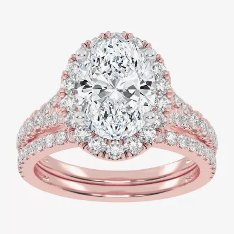 G-H / Vs2-Si1) Womens 3/4 CT. T.W. Lab Grown White Diamond 14K Rose Gold Oval Side Stone Halo Bridal Set