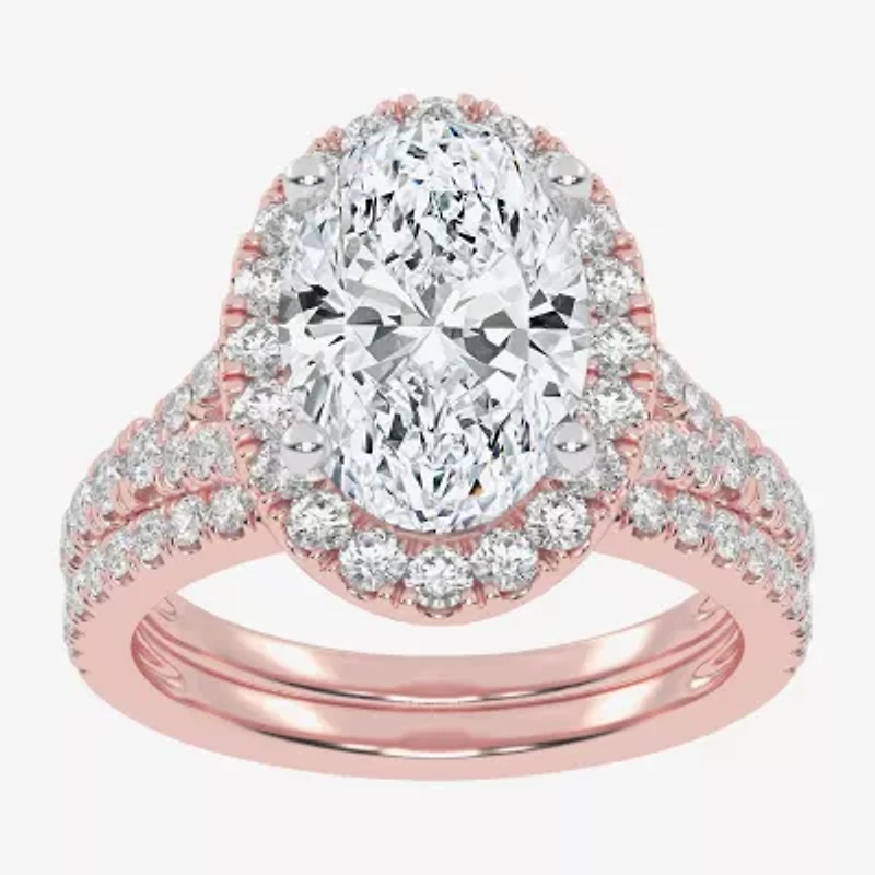 (G-H / Vs2-Si1) Womens 3 3/4 CT. T.W. Lab Grown White Diamond 14K Rose Gold Oval Side Stone Halo Bridal Set