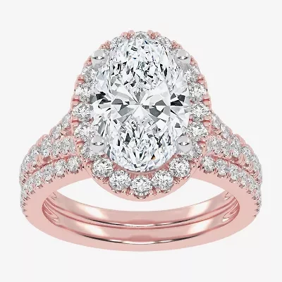 (G-H / Vs2-Si1) Womens 3 3/4 CT. T.W. Lab Grown White Diamond 14K Rose Gold Oval Side Stone Halo Bridal Set