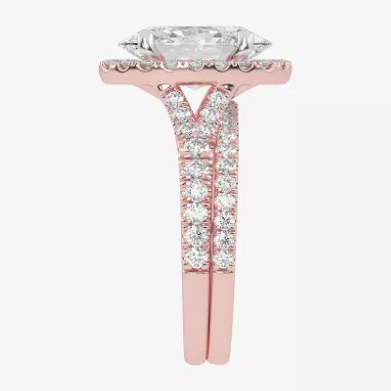 (G-H / Vs2-Si1) Womens 3 3/4 CT. T.W. Lab Grown White Diamond 14K Rose Gold Oval Side Stone Halo Bridal Set