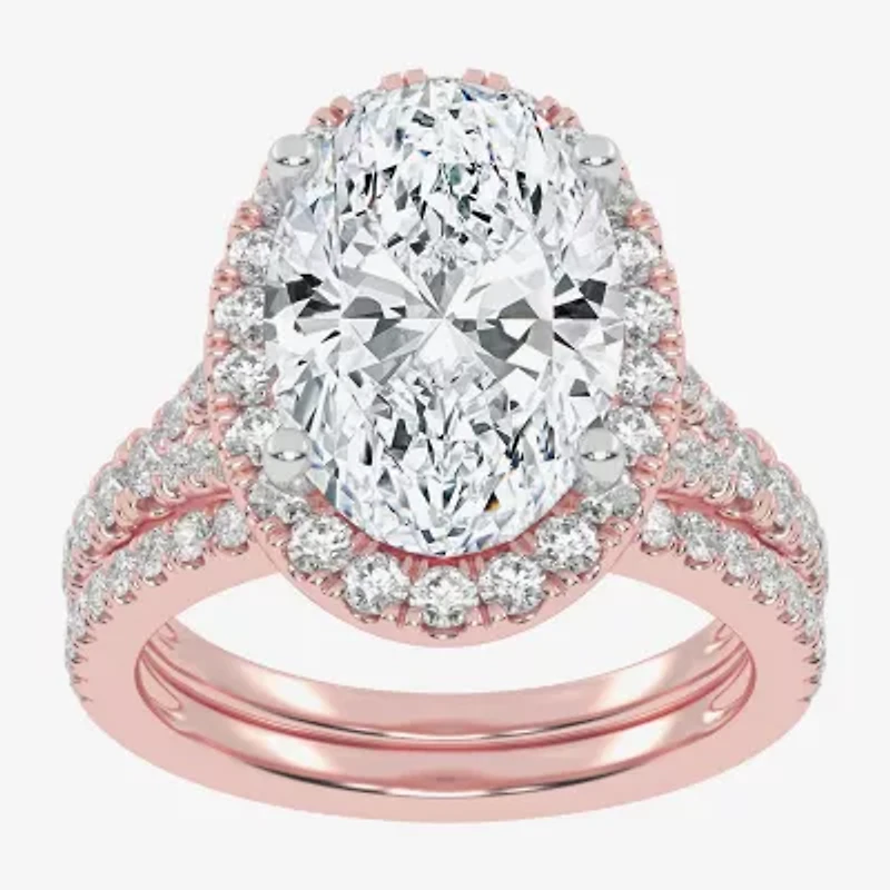 (G-H / Vs2-Si1) Womens 4 3/4 CT. T.W. Lab Grown White Diamond 14K Rose Gold Oval Side Stone Halo Bridal Set