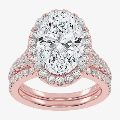 (G-H / Vs2-Si1) Womens 4 3/4 CT. T.W. Lab Grown White Diamond 14K Rose Gold Oval Side Stone Halo Bridal Set