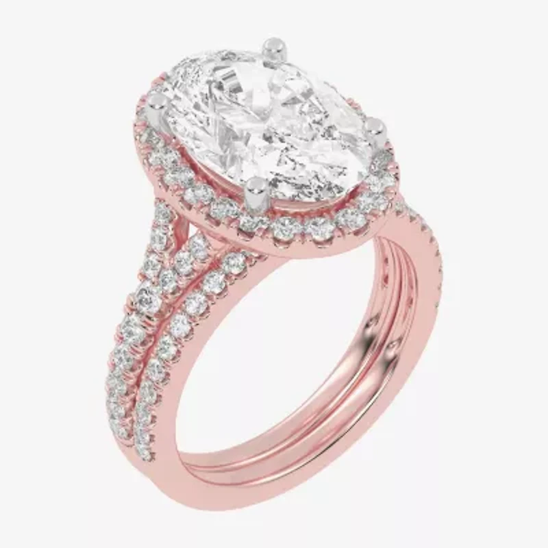 (G-H / Vs2-Si1) Womens 4 3/4 CT. T.W. Lab Grown White Diamond 14K Rose Gold Oval Side Stone Halo Bridal Set