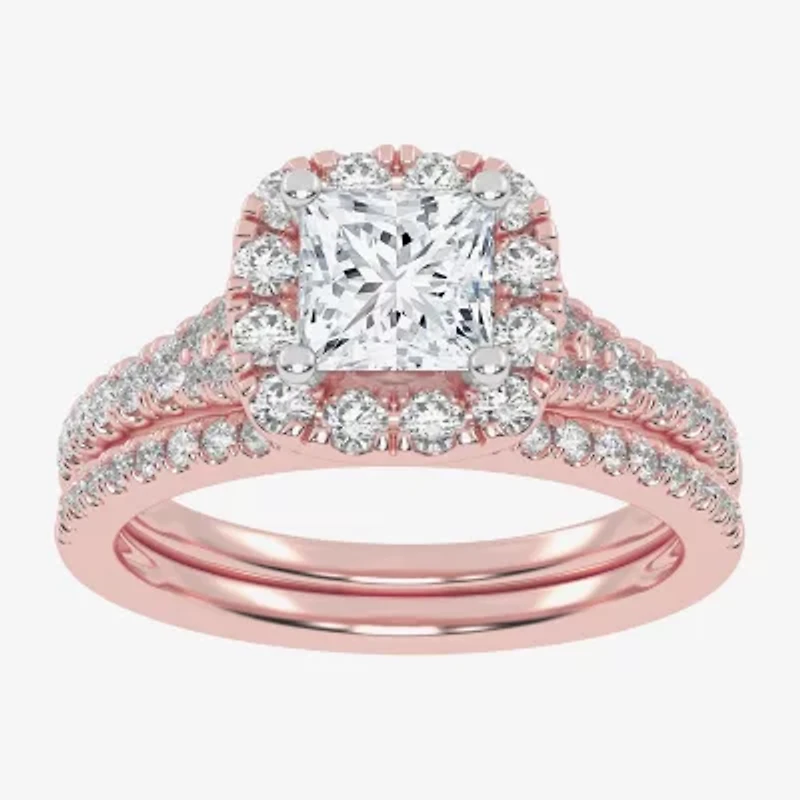 (G-H / Vs2-Si1) Womens 1 1/2 CT. T.W. Lab Grown White Diamond 14K Gold Side Stone Halo Bridal Set