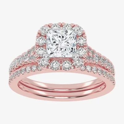 (G-H / Vs2-Si1) Womens 1 1/2 CT. T.W. Lab Grown White Diamond 14K Gold Side Stone Halo Bridal Set