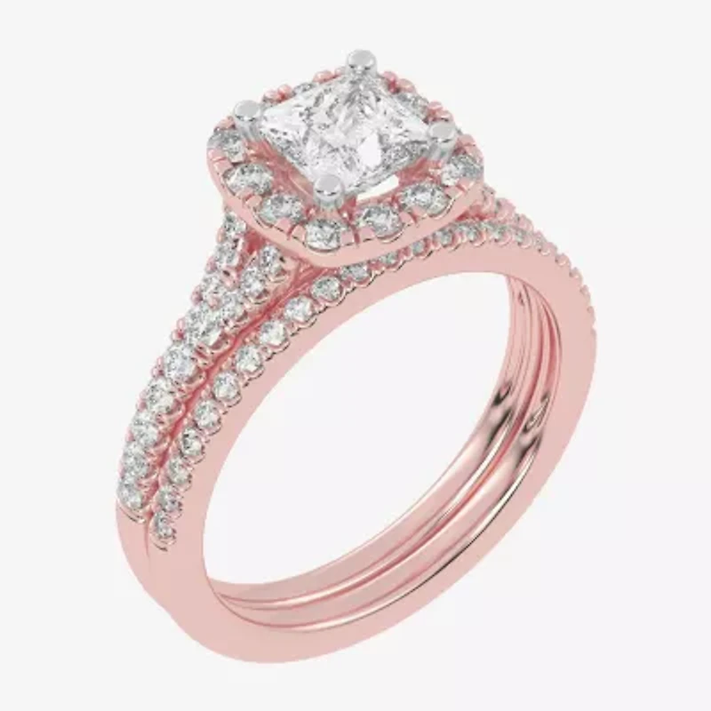 (G-H / Vs2-Si1) Womens 1 1/2 CT. T.W. Lab Grown White Diamond 14K Gold Side Stone Halo Bridal Set
