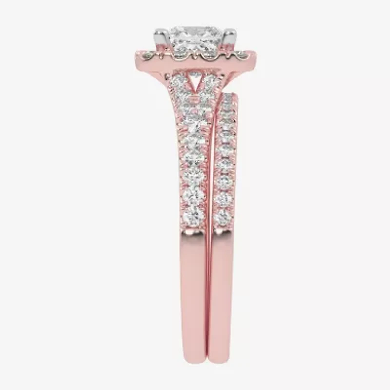 (G-H / Vs2-Si1) Womens 1 1/2 CT. T.W. Lab Grown White Diamond 14K Gold Side Stone Halo Bridal Set
