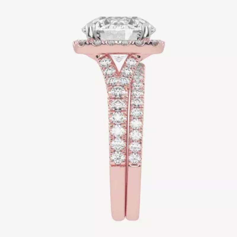 (G-H / Vs2-Si1) Womens 3 3/4 CT. T.W. Lab Grown White Diamond 14K Rose Gold Round Side Stone Halo Bridal Set
