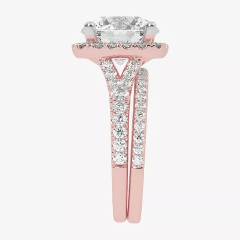 (G-H / Vs2-Si1) Womens 4 3/4 CT. T.W. Lab Grown White Diamond 14K Rose Gold Round Side Stone Halo Bridal Set