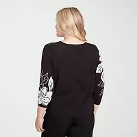 Alfred Dunner Business As Usual Womens Crew Neck Embellished 3/4 Sleeve Floral Pullover Sweater
