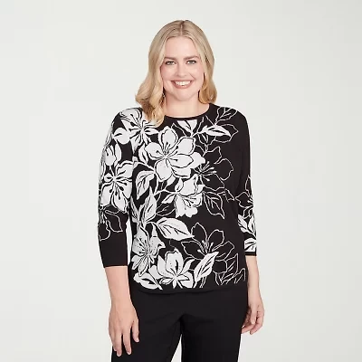 Alfred Dunner Business As Usual Womens Crew Neck Embellished 3/4 Sleeve Floral Pullover Sweater