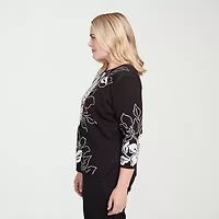 Alfred Dunner Business As Usual Womens Crew Neck Embellished 3/4 Sleeve Floral Pullover Sweater