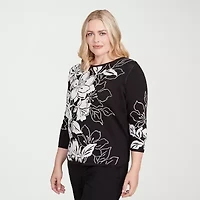 Alfred Dunner Business As Usual Womens Crew Neck Embellished 3/4 Sleeve Floral Pullover Sweater