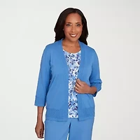 Alfred Dunner Business As Usual Womens Round Neck 3/4 Sleeve Floral Layered Sweater