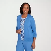 Alfred Dunner Business As Usual Womens Round Neck 3/4 Sleeve Floral Layered Sweater