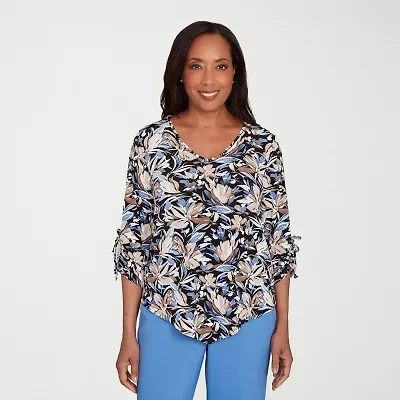 Alfred Dunner Business As Usual Womens V Neck 3/4 Sleeve T-Shirt