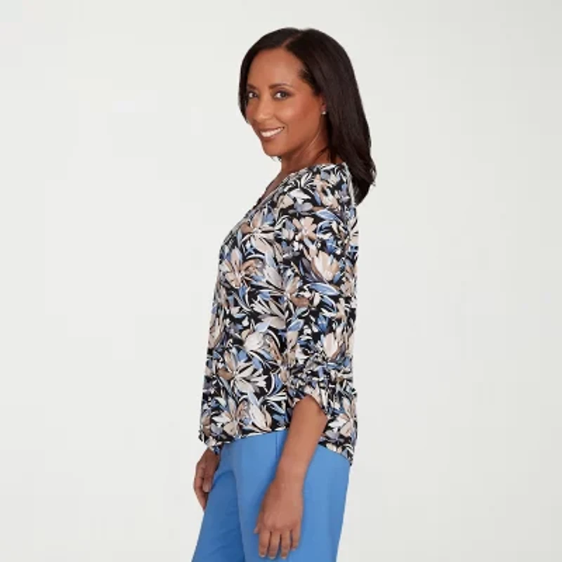 Alfred Dunner Business As Usual Womens V Neck 3/4 Sleeve T-Shirt