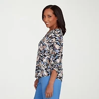 Alfred Dunner Business As Usual Womens V Neck 3/4 Sleeve T-Shirt