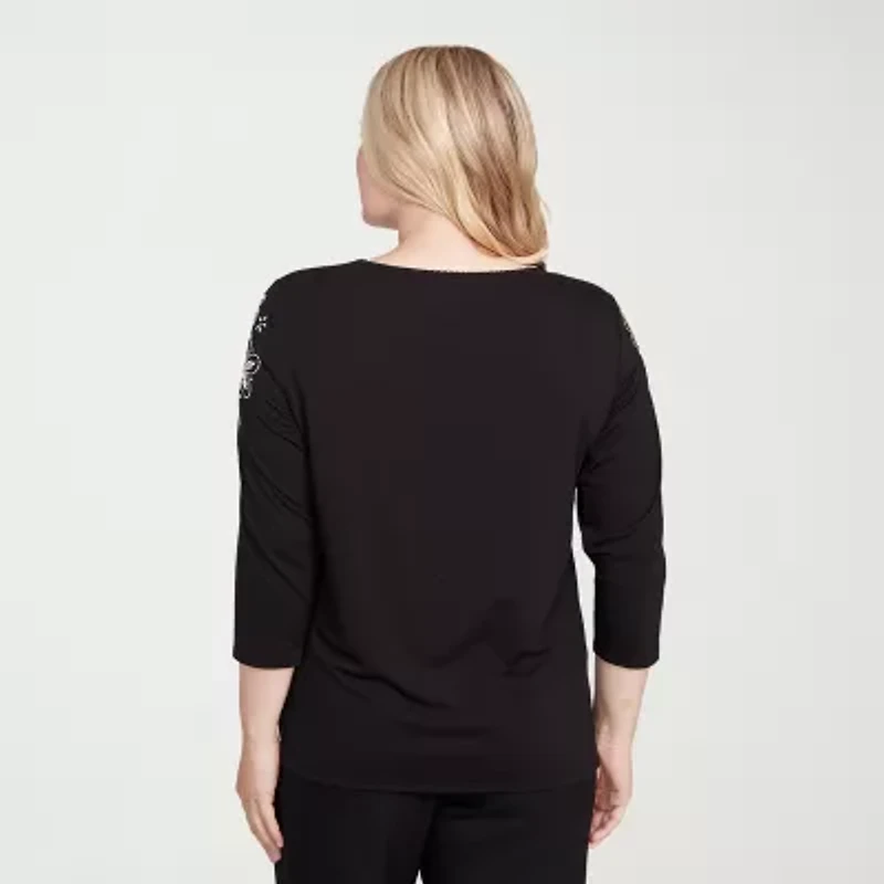 Alfred Dunner Business As Usual Womens Crew Neck 3/4 Sleeve T-Shirt