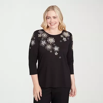 Alfred Dunner Business As Usual Womens Crew Neck 3/4 Sleeve T-Shirt