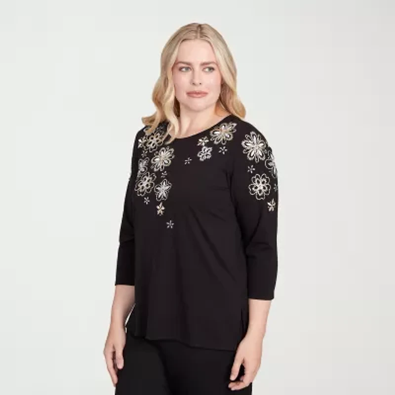 Alfred Dunner Business As Usual Womens Crew Neck 3/4 Sleeve T-Shirt