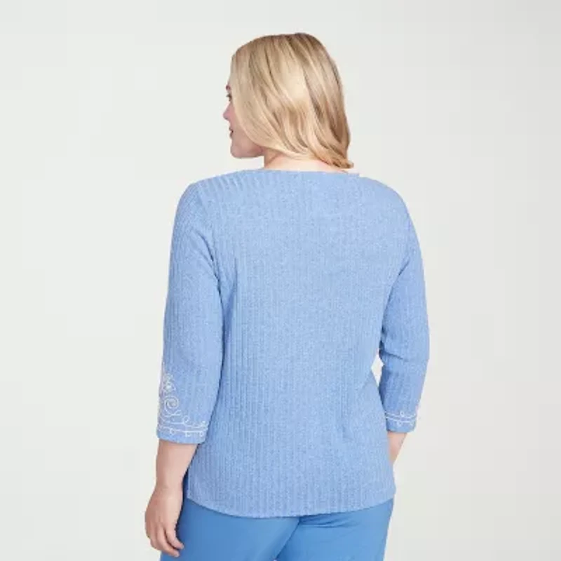 Alfred Dunner Business As Usual Womens Crew Neck 3/4 Sleeve T-Shirt