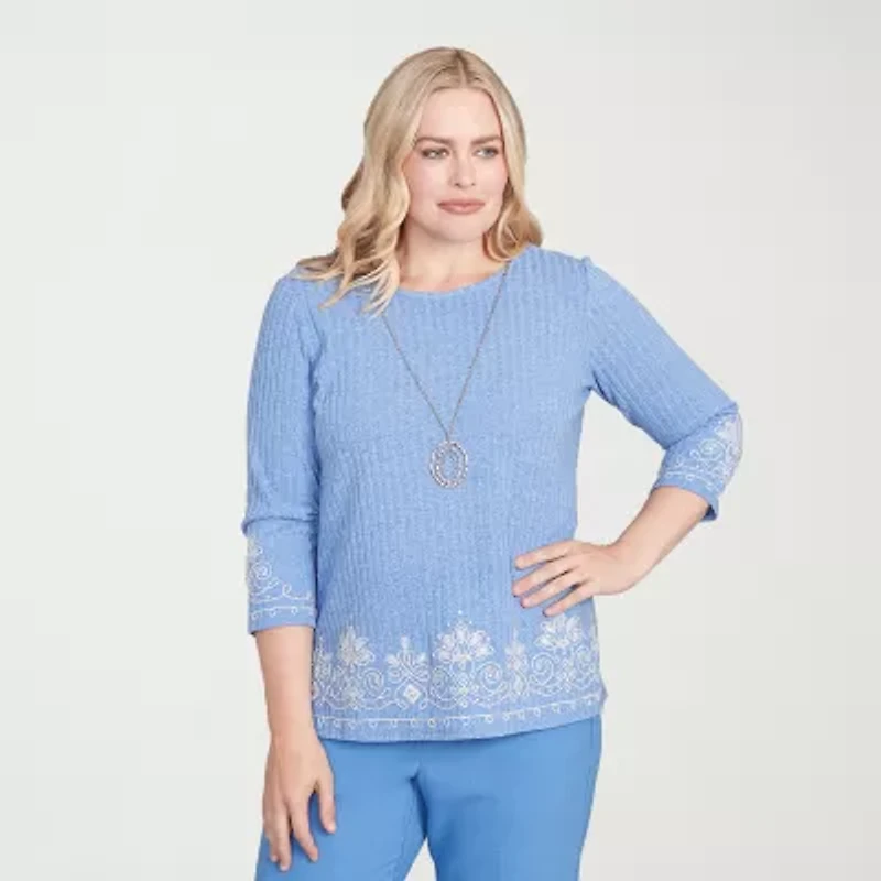 Alfred Dunner Business As Usual Womens Crew Neck 3/4 Sleeve T-Shirt