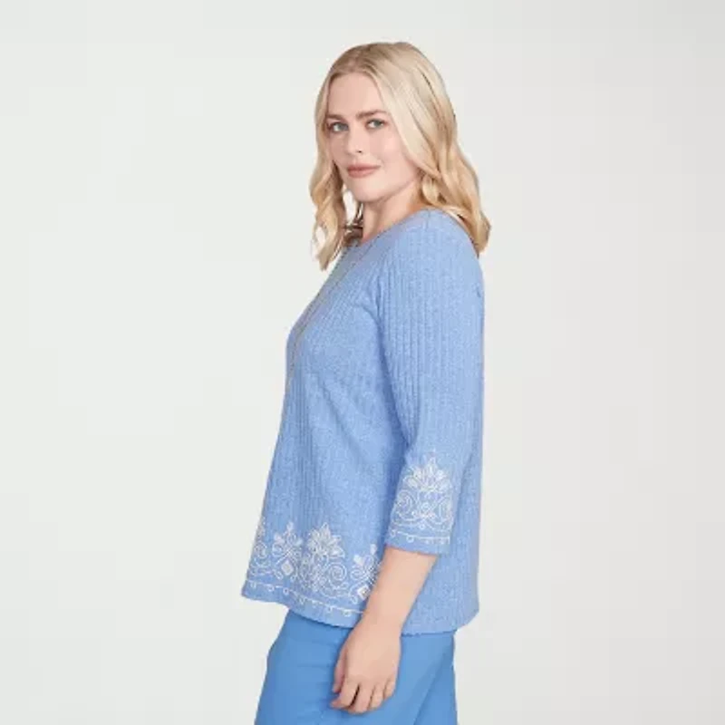 Alfred Dunner Business As Usual Womens Crew Neck 3/4 Sleeve T-Shirt