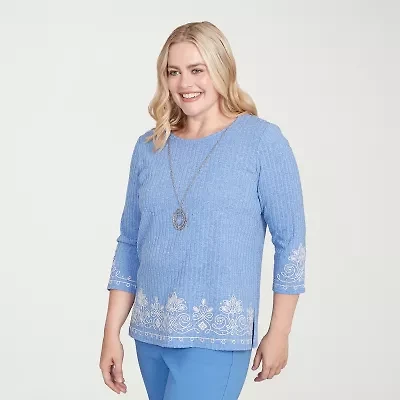 Alfred Dunner Business As Usual Womens Crew Neck 3/4 Sleeve T-Shirt