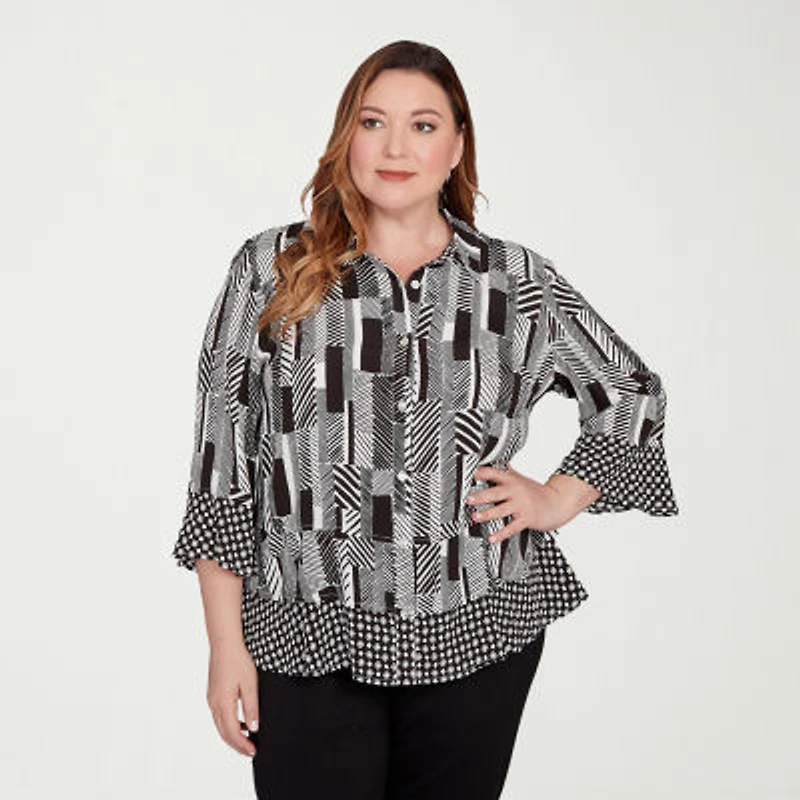 Alfred Dunner Business As Usual Womens 3/4 Sleeve Plus Button-Down Shirt