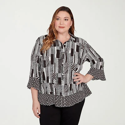 Alfred Dunner Business As Usual Womens 3/4 Sleeve Plus Button-Down Shirt