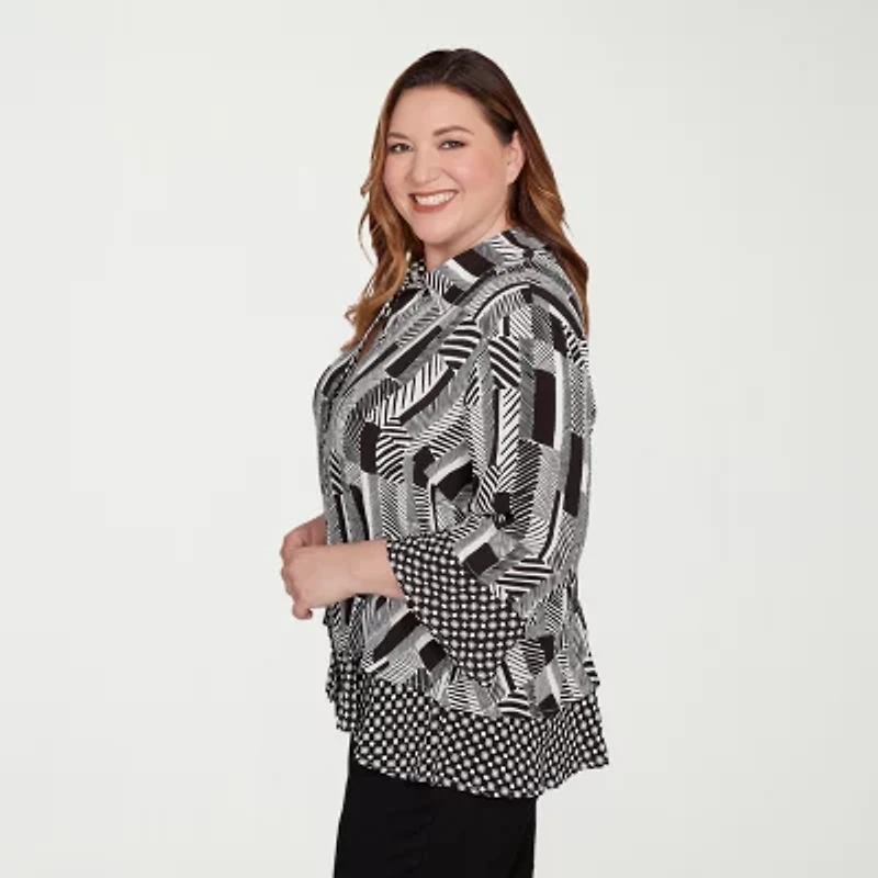 Alfred Dunner Business As Usual Womens 3/4 Sleeve Plus Button-Down Shirt