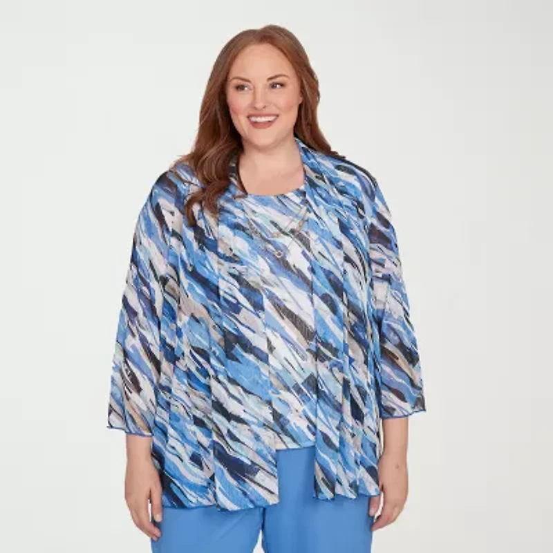 Alfred Dunner Business As Usual Womens Crew Neck 3/4 Sleeve Plus Layered Top